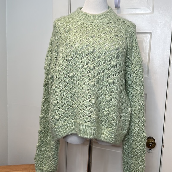 Mango Openwork Knit Sweater Chunky Pom Rounded Neckline Ribbed Trim Pastel Sz XL - Picture 8 of 8
